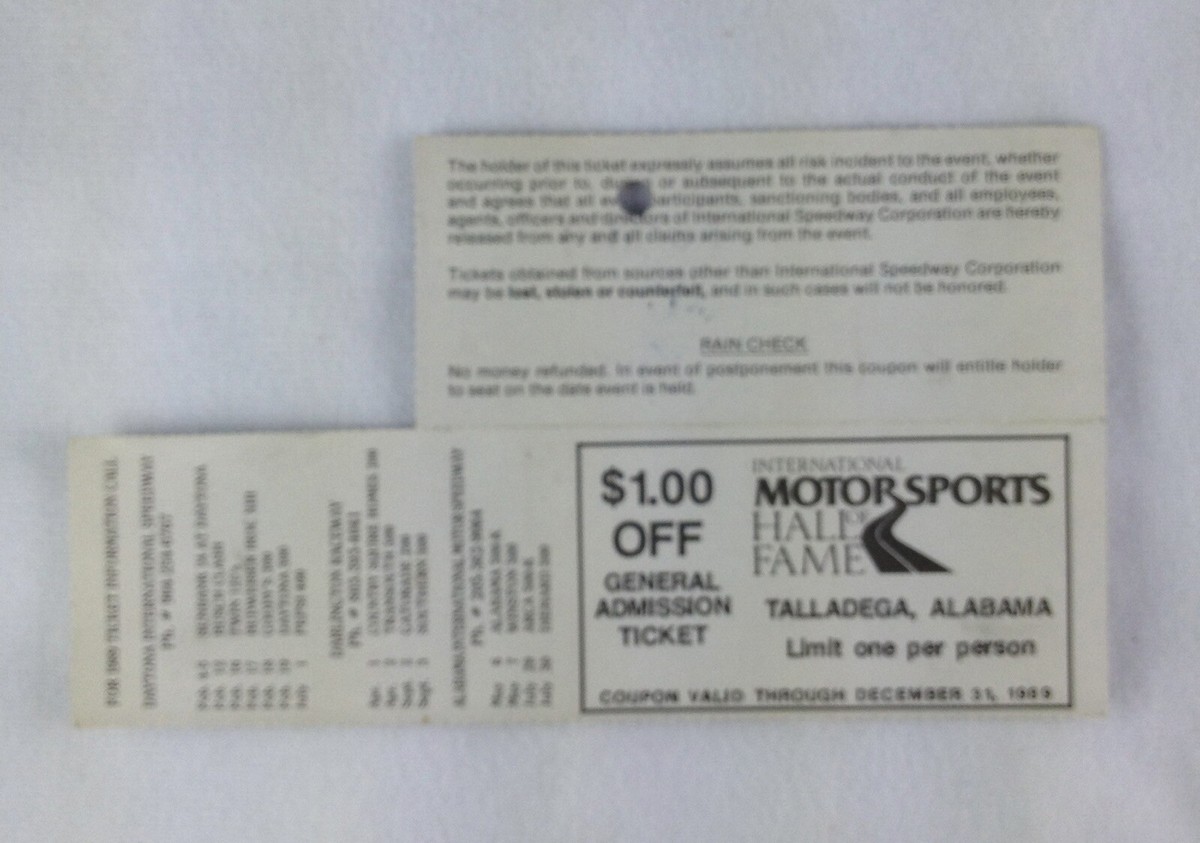 1989 Talladega Diehard 500 Race Ticket Stub | eBay