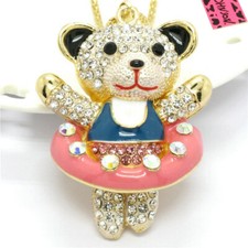 New Fashion Women Pink Enamel Rhinestone Lovely Bear Ballet Pendant Necklace