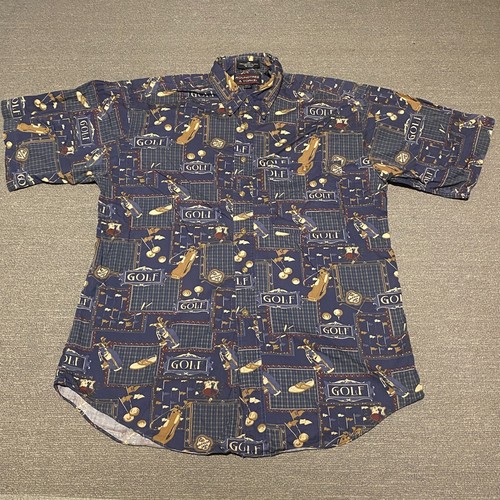 Vintage Roundtree & York Shirt Medium Blue Golf All Over Print USA Button Up