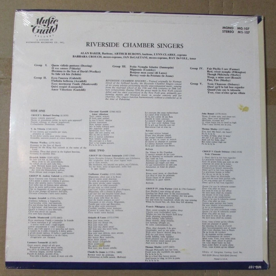 MADRIGALS ACROSS THE CENTURIES RIVERSIDE CHAMBER SINGERS US LP Mint SEALED - Image 2 of 2