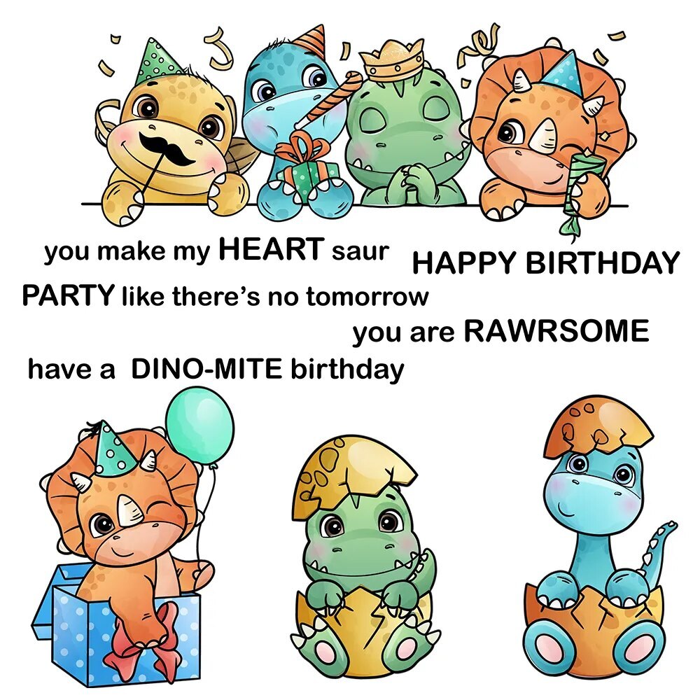 Baby Dino Birthday Party Metal Dies and Clear Stamps for Scrapbooking Cards