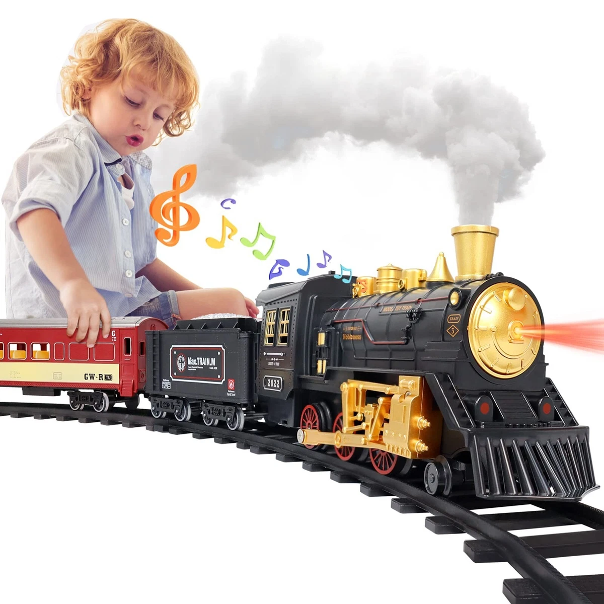  Train Sets with Steam Locomotive Engine, Cargo Car and Tracks,  Battery Powered Play Set Toy w/Smoke, Light & Sounds, for Kids, Boys &  Girls 3 4 5 6 7 Years Old 