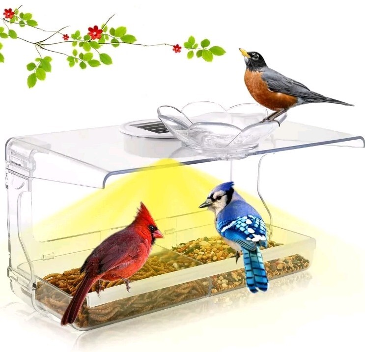Window Bird Feeder with Non Marking Self Adhesive Hooks Clear Window Solar Light
