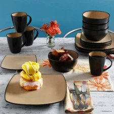 16-PCS DINNERWARE SET Plates Bowls Mugs Dishes Stoneware Square Dinner Kitchen