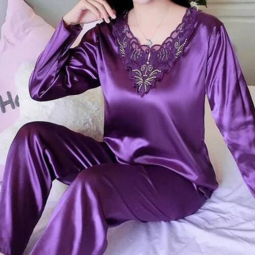 Nuevo conjunto de pijamas de satén para mujer manga larga cuello en V ropa de dormir ropa de salón pijamas - Imagen 1 de 13
