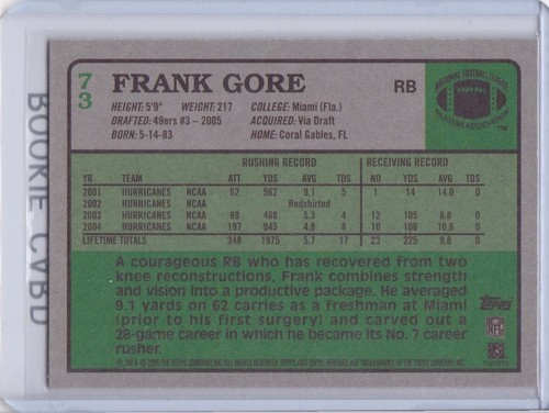 FRANK GORE ROOKIE CARD 2005 Topps Heritage Football RC San Francisco 49ers! - Picture 2 of 2