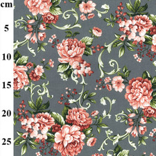 Garden Rose On Silver Background 100 Cotton 112cm Wide Digital Printed Fabric