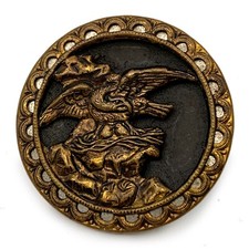 Antique Bird Guarding Baby Chicks Nest Brass Overlay Picture Button 1 1/4" Large