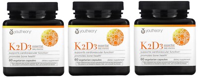 VALUE 3 PACK Youtheory K2+D3 Essential Daily Vitamins, 60 caps /ea exp 12/26+