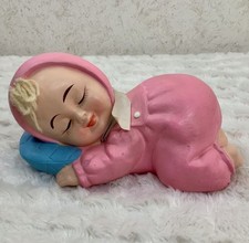 Vintage Lego Japan Sleeping Baby Piggy Bank Girl Pink Nursery Retro Chalkware