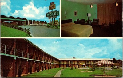 Sherman Texas TX Trade Winds Motel Vintage Cars Postcard Pool & Rooms Interior