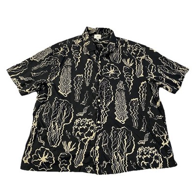 H&M Hawaiian Abstract Shirt Men 2XL Veggies Vacation Relaxed Fit Black Beige EUC
