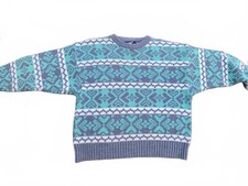 Vintage 80S ASPEN LID DADS Patterned Knit Sweater in Blue and Turquoise SMALL