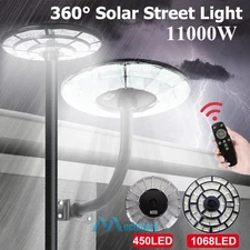 11000W 360° Commercial LED Solar Street Light Patio UFO Road Lamp Dusk-to-Dawn