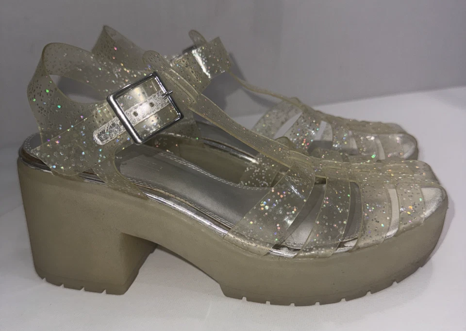 Sandalias Zuecos Asos Gruesas Y2K Años 90 Plata Transparente Brillo Plataforma Jalea Tacón 7 Foto 2 de 4