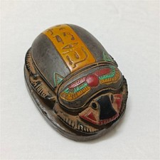 Egyptian God Bes Figurine with Hieroglyph Base & Scarab