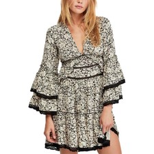 Free People Kristall Mini Dress Size M Open Back Bell Sleeves Tiered Whimsigoth