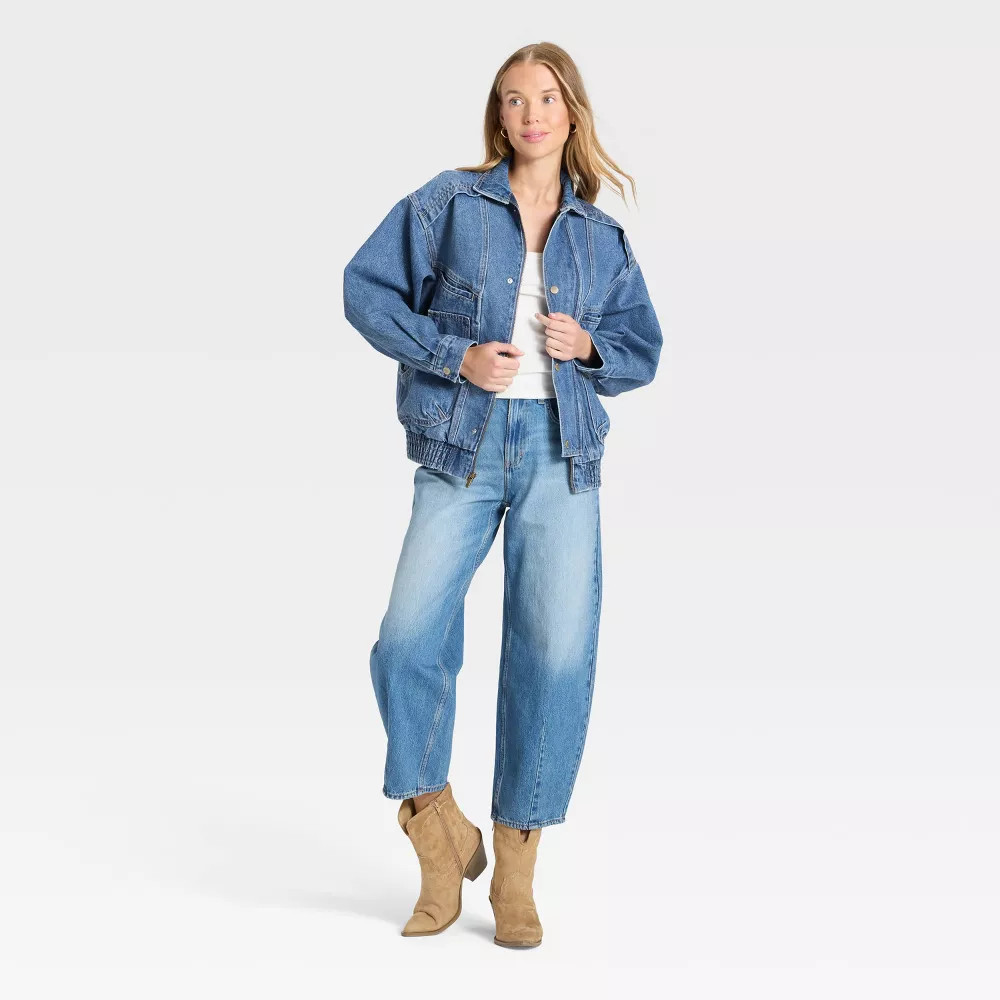 Women's Relaxed Bomber Denim Jacket - Universal Thread Medium Wash S
