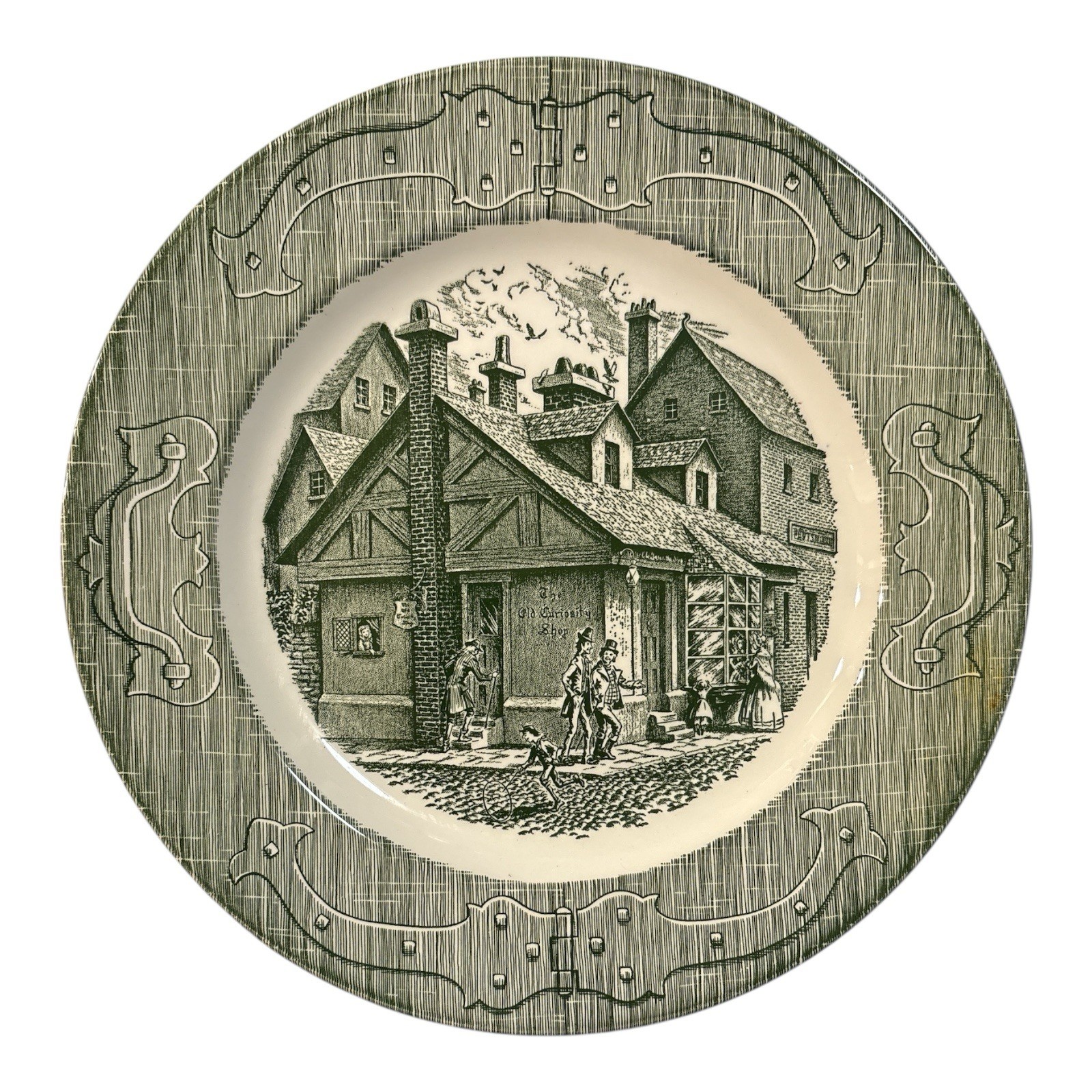 Vintage Set of 4 The Old Curiosity Shop Green Royal China 10” Dinner Plates Mint