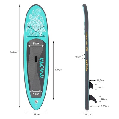 Maona Stand-Up SUP-Board (308 × 76 × 10 cm) in Türkis   inkl. Pumpe, Tasche