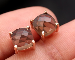 Authentic Natural Smoky Quartz Cushion Stud Earrings Rose Gold Fill Solid Silver Jewelry