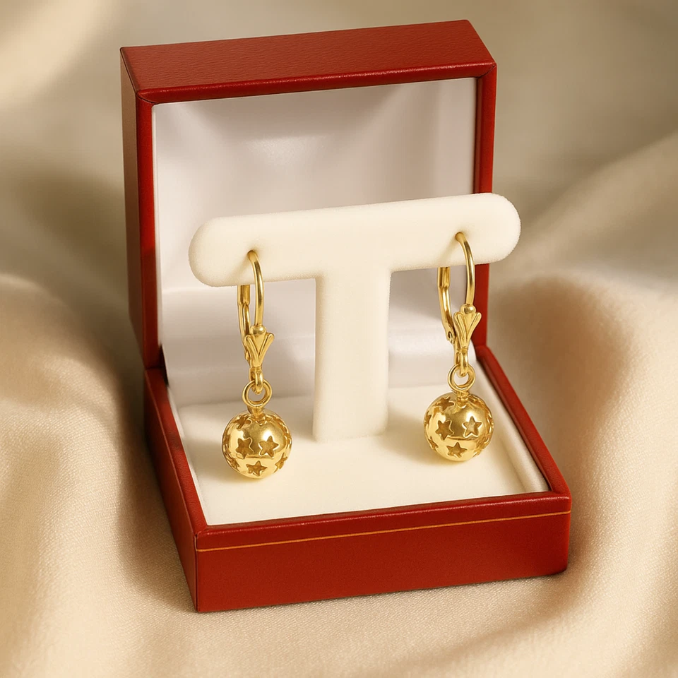 14K Real Solid Yellow Gold Shiny Polished Star Ball Dangle Drop Hoop Earrings - Image 4 of 4