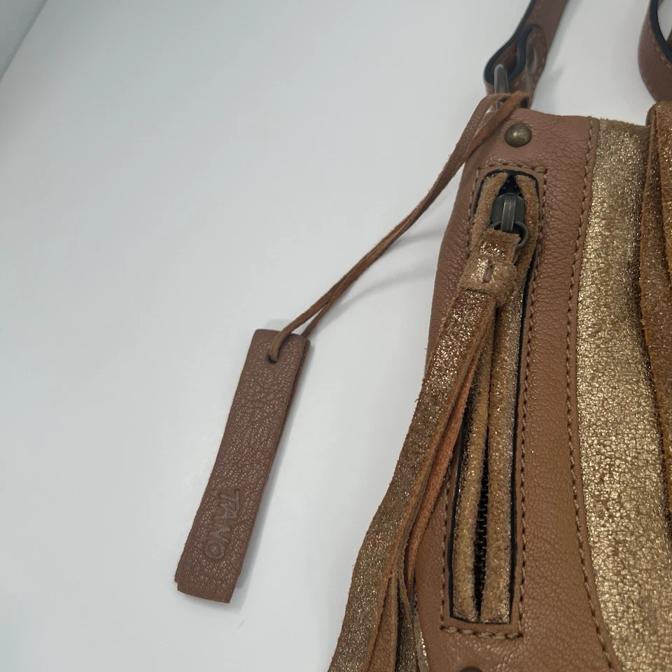 Bolso Bandolera TANO Marrón Dorado Gamuza Cuero Boho Hobo Hippie Rústico Foto 4 de 4