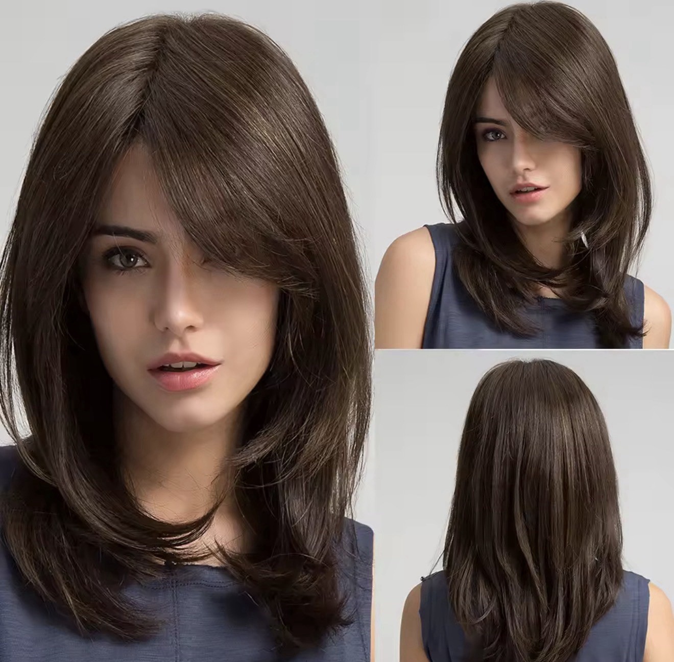 Perruque synthétique marron foncé de 50cm, coupe courte lisse haut de gamme pour femme