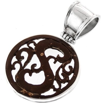 Handgeschnitzter Kokosnuss Muschel Holz Sterlingsilber Anhänger, 2''