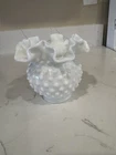 Fenton White 4" Ball Vase Hobnail Milk Glass Ruffled Double Crimped Rim