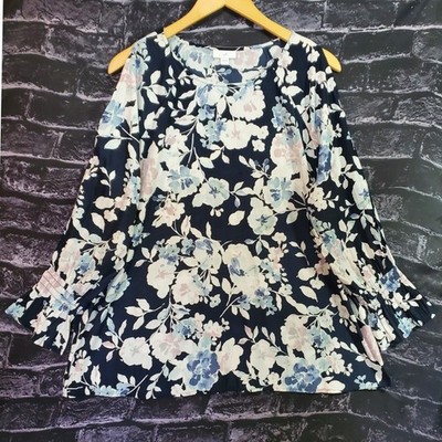 J. Jill Floral Cold Shoulder Blouse Womens Size Large L Blue Smocked Cuff Top