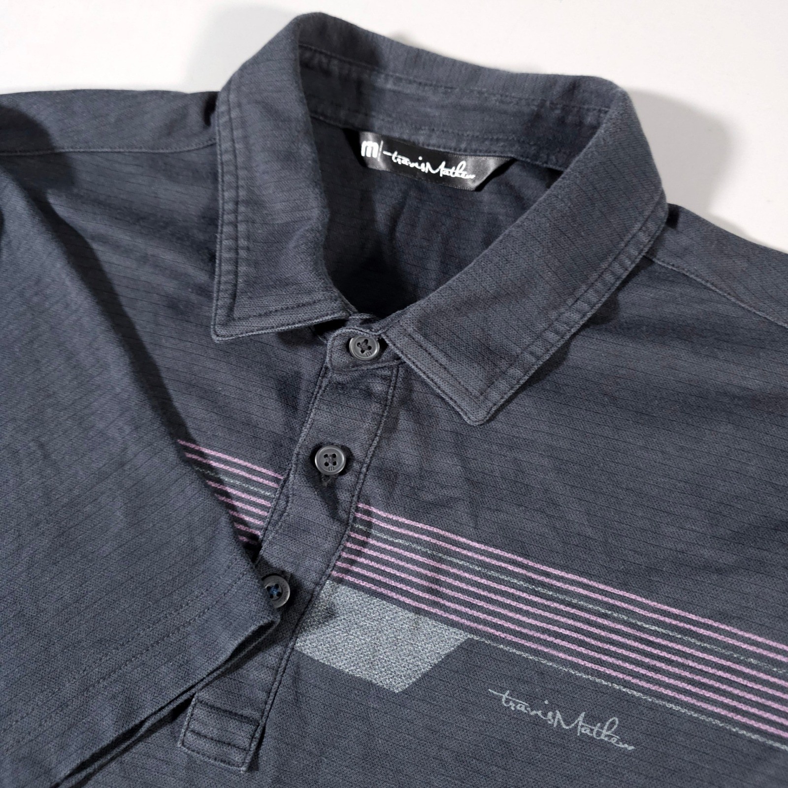 Travis Mathew Polo Shirt Mens Medium Charcoal Grey Purple Striped Pima Cotton