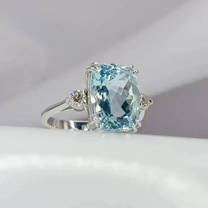 Cushion Cut 6.50 Ct Natural Aquamarine & Diamond Solid 14K White Gold Ring - Image 3 of 4