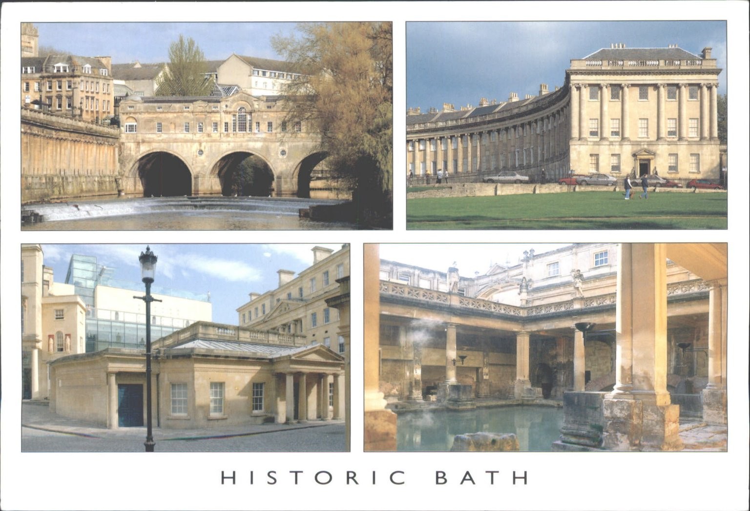 Historic Bath England Postcard - Pulteney Bridge, Royal Crescent, Roman Baths