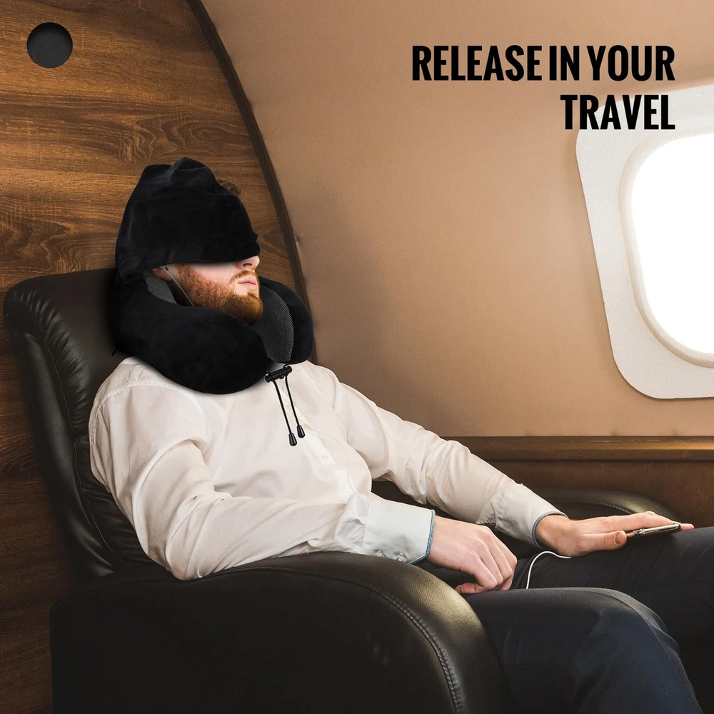Neck Pillow with Hood for Travel Airplane Medium Black