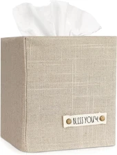 Beige Linen Tissue Box Cover for Bathroom and Home Décor