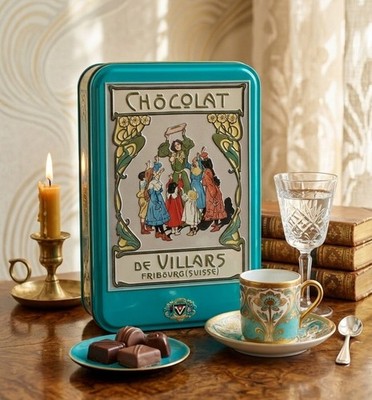 Metalldose Schokolade Villars Schweiz Vintage, Jugendstil Illustration
