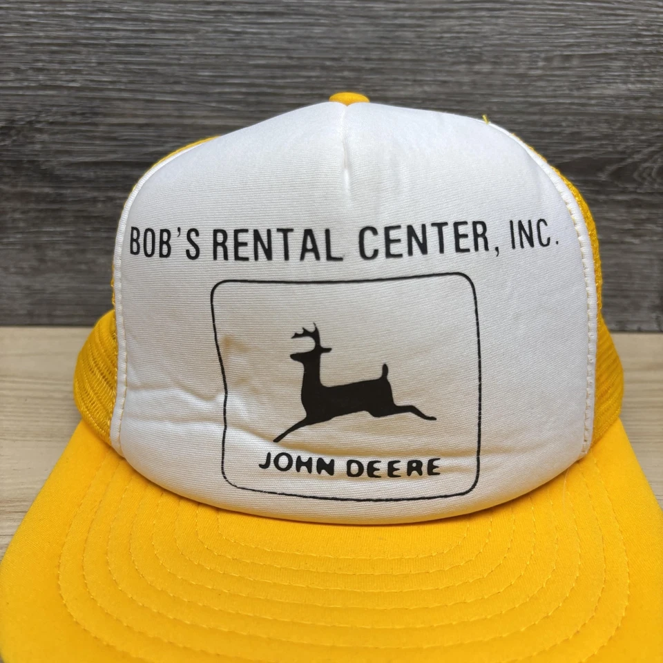 Gorra de colección John Deere espalda a presión amarilla camionero Bob's centro de alquiler para hombre años 80 Foto 2 de 4