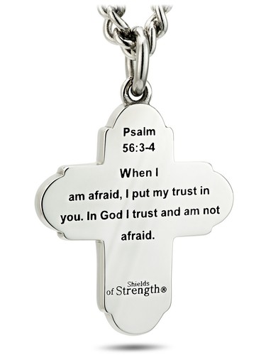 Men's Stainless Steel Fearless Cross Necklace- Psalm 56:3-4 Shields of Strength - Picture 3 of 4