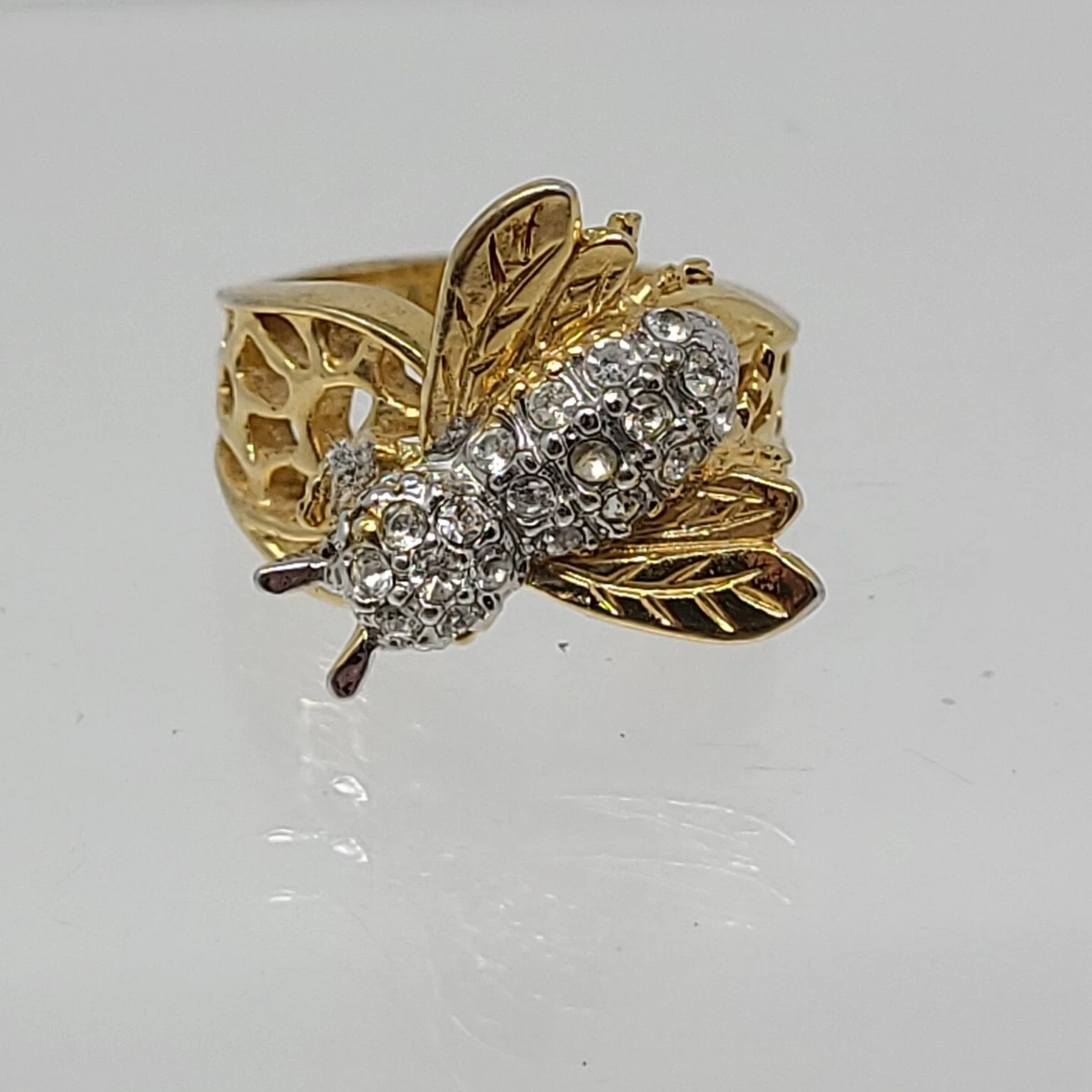 Vintage Ring Bee Ring Made With Swarovski Crystals 18kt Gold Plated Insect Sz 7