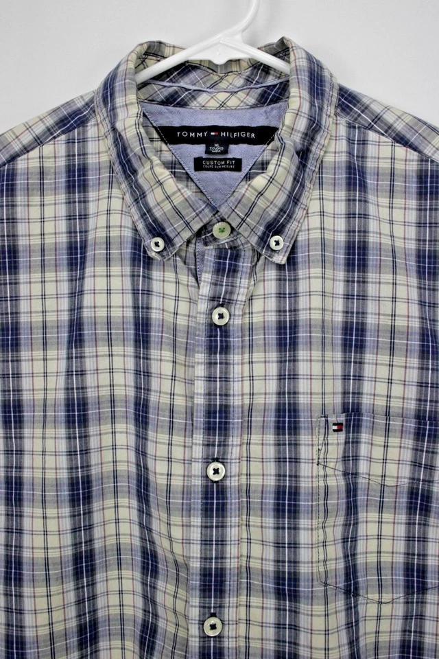 Camisa masculina Tommy Hilfiger tamanho XL manga longa botão ajuste personalizado cinza/branco/azul - Imagem 3 de 4