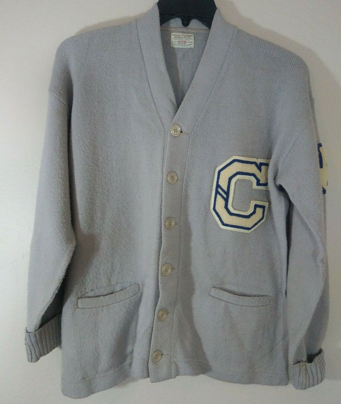 Sand Knitting Mills Letterman Cardigan Tan TX Champs Dist 7A Golf