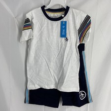 NWT Penguin Junior Boys White Striped Shirt  Blue Shorts 2PC Set, Size 5Y