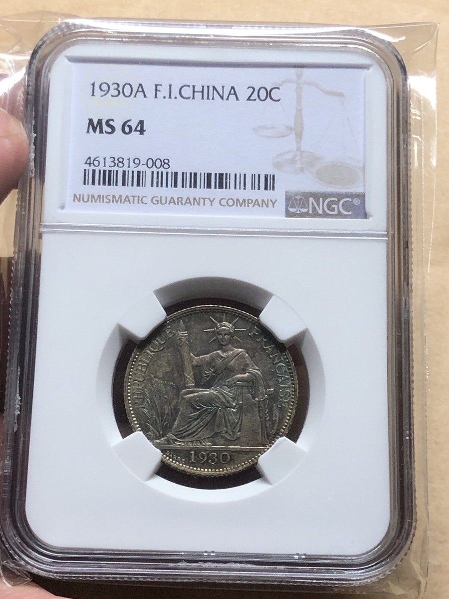 NGC MS-64 20 Cent Indochine Silver Coins 1930 Original Vintage