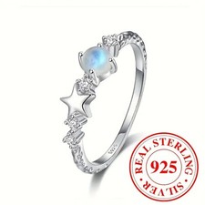 Natural Moonstone Round Star Ring 925 Sterling Silver Statement Jewelry For Girl