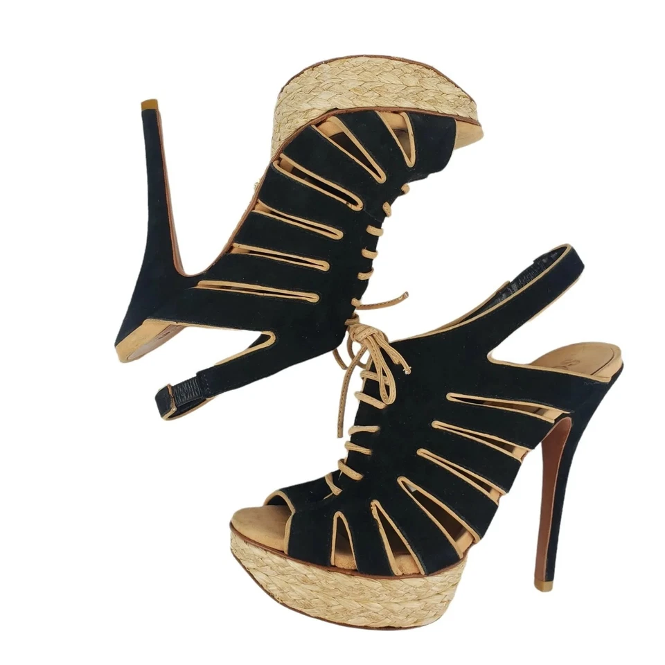 SCHUTZ High Heel Platform Sandals Black Suede Lace Up Size US 6 B - Image 4 of 4