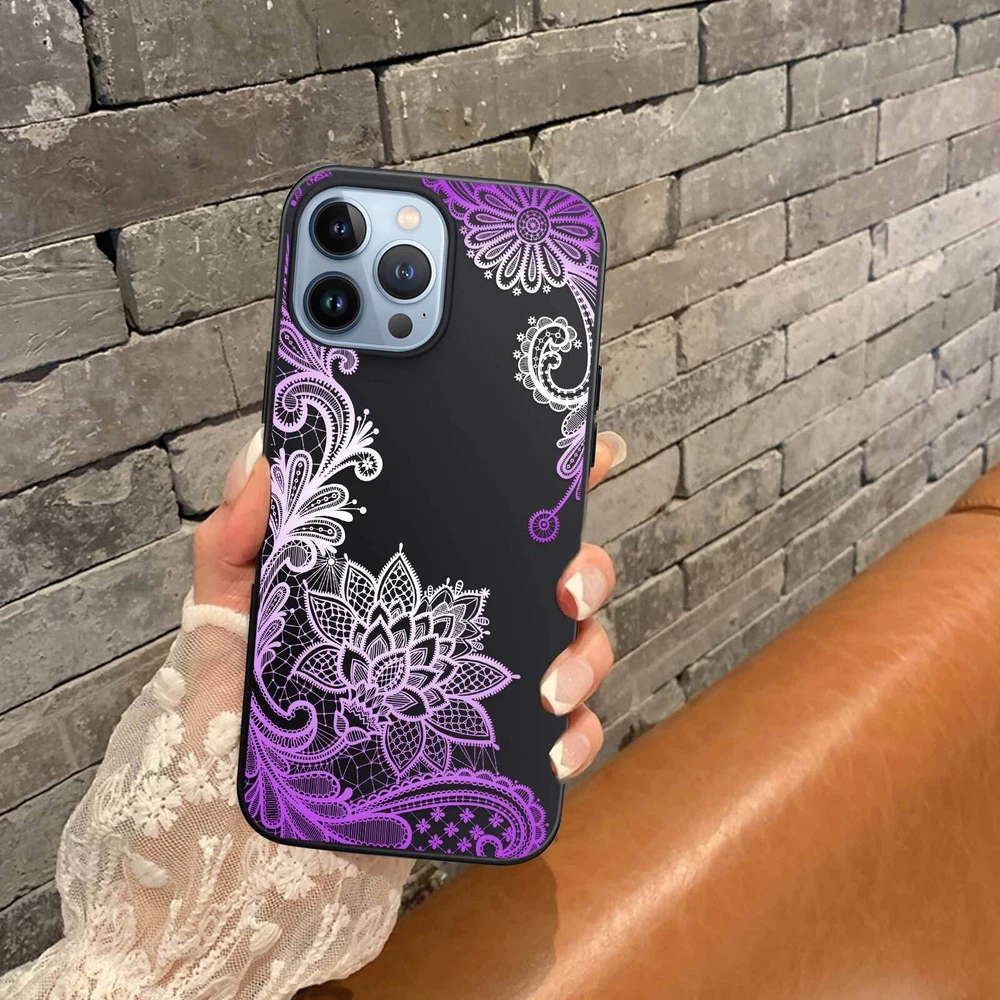 Phone Case For Apple iPhone 14 Pro Max 13 12 15 Flower Lace Protective TPU Cover