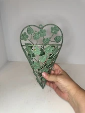 Metal HEART Vintage Wall Pocket Shabby Cottagecore sage green ivy floral 10x6.5"
