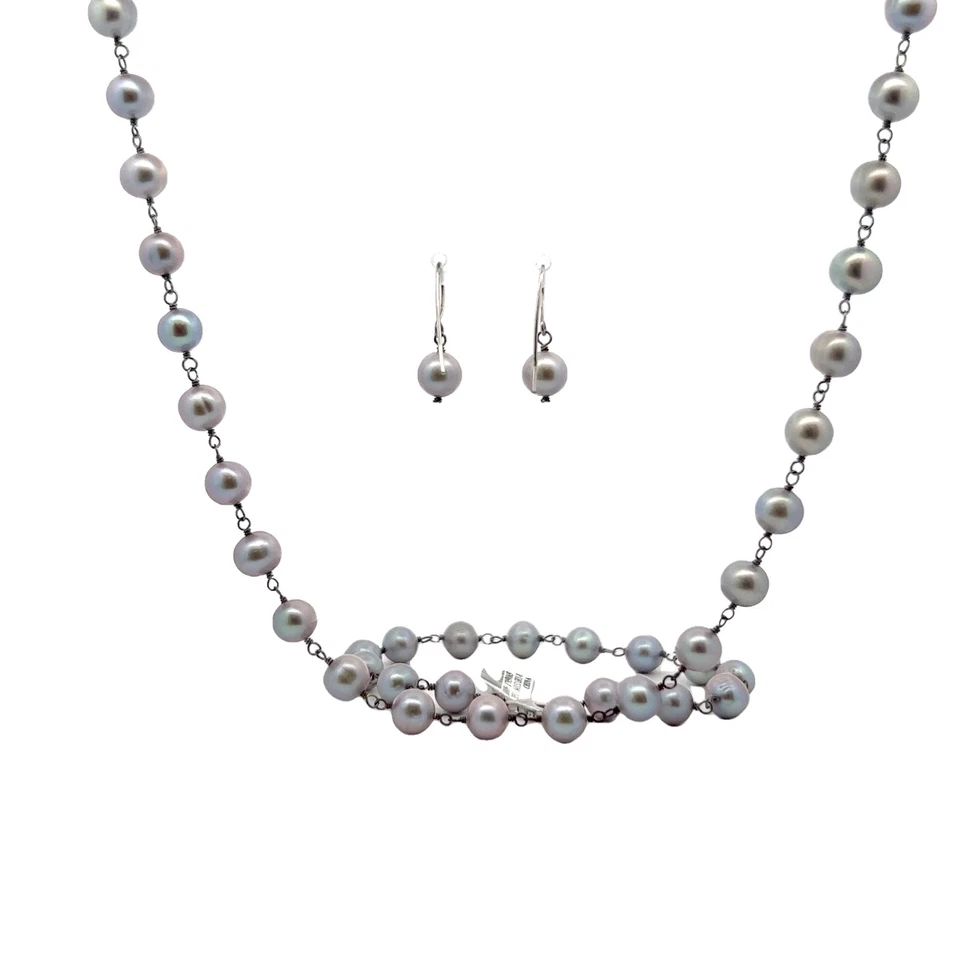 De Ley Enlace 7.5-8mm Gris Original Cultivada Perla Pendiente Collar Pulsera Set - Imagen 3 de 4