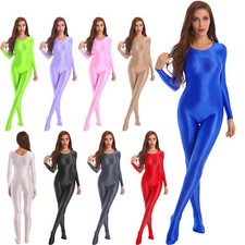 Women Glossy One-piece Bodysuit Long Sleeve Footed Jumpsuit Unitard Bodystocking